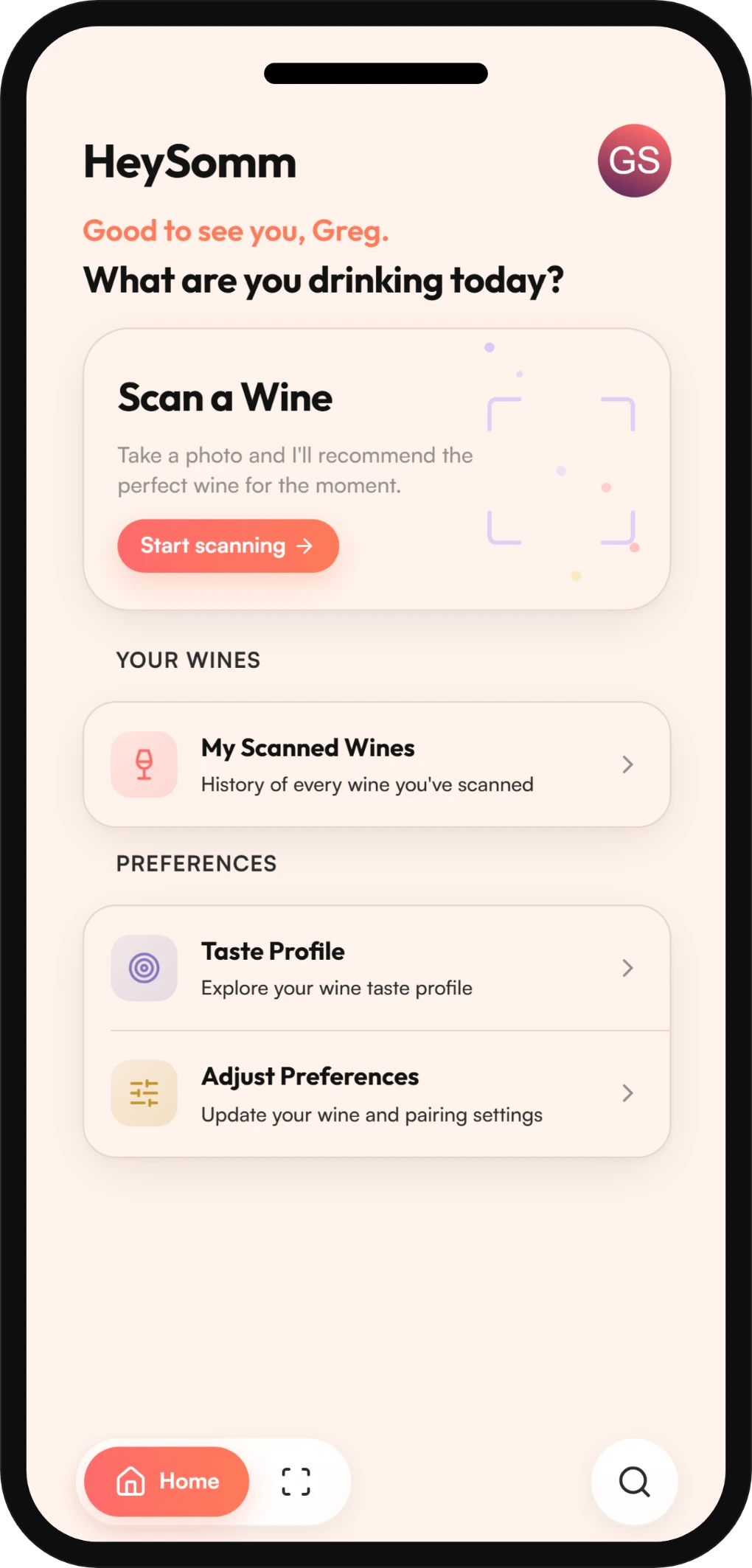 HeySomm home — scan a wine and get a recommendation for the moment.
