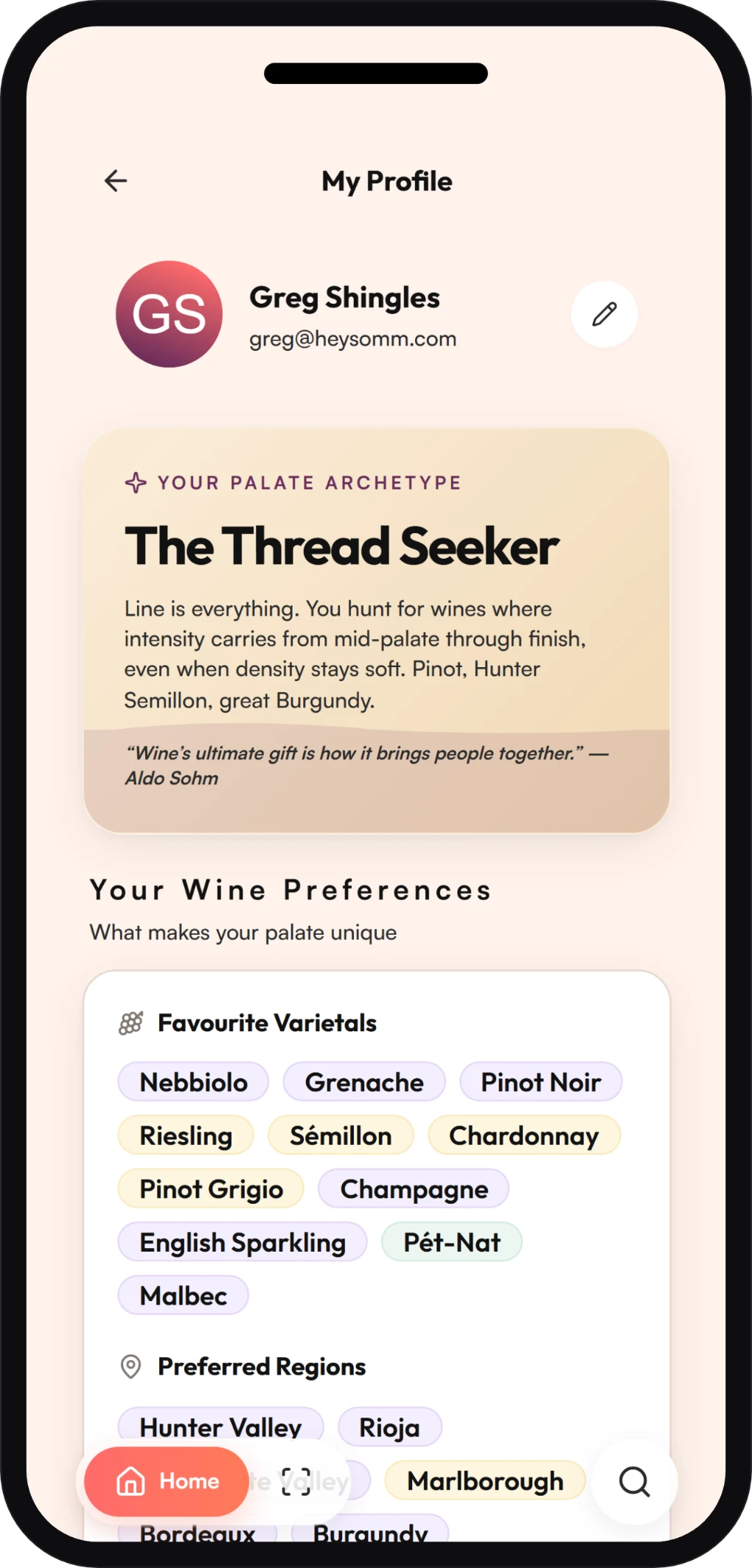 HeySomm profile — your palate archetype and wine preferences.