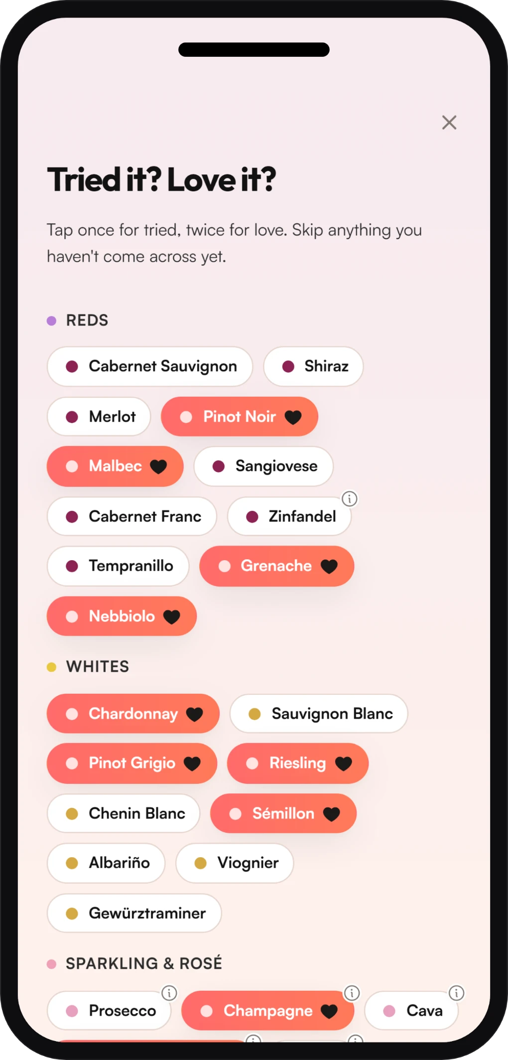HeySomm palate screen — swipe to mark varietals you have tried and loved.