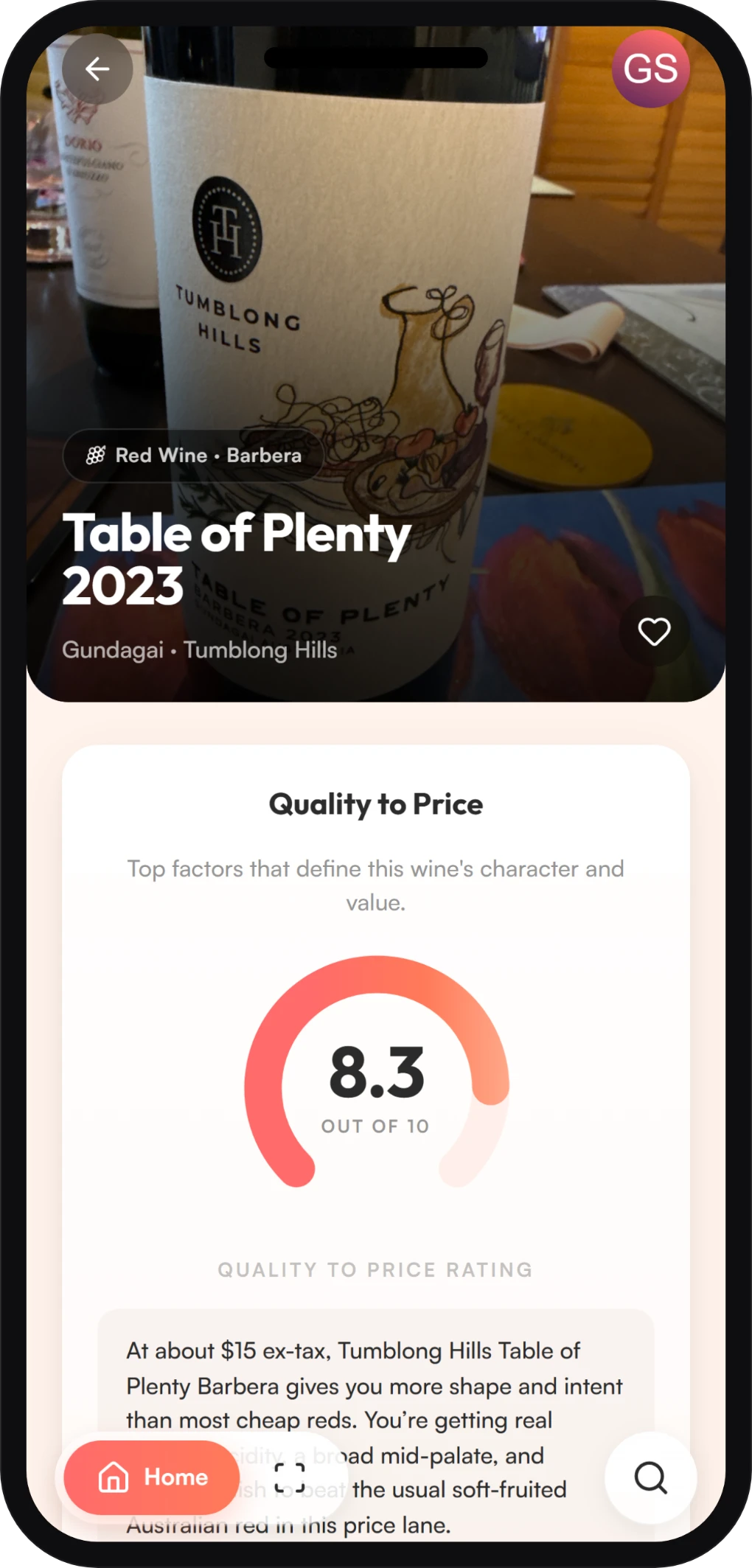 HeySomm scanned wine — a bottle scored on quality against price.